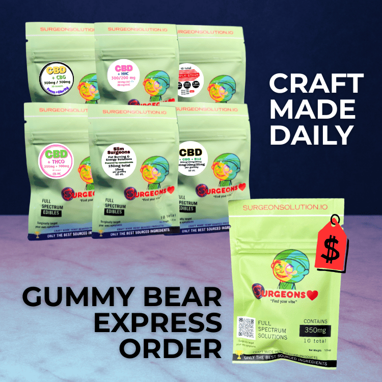 Express order category: Surgeons gummy's sitting on top of a purple granite background
