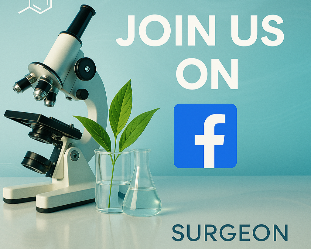 Microscope with a plant in a beaker on a light blue background with 'Surgeon' branding.