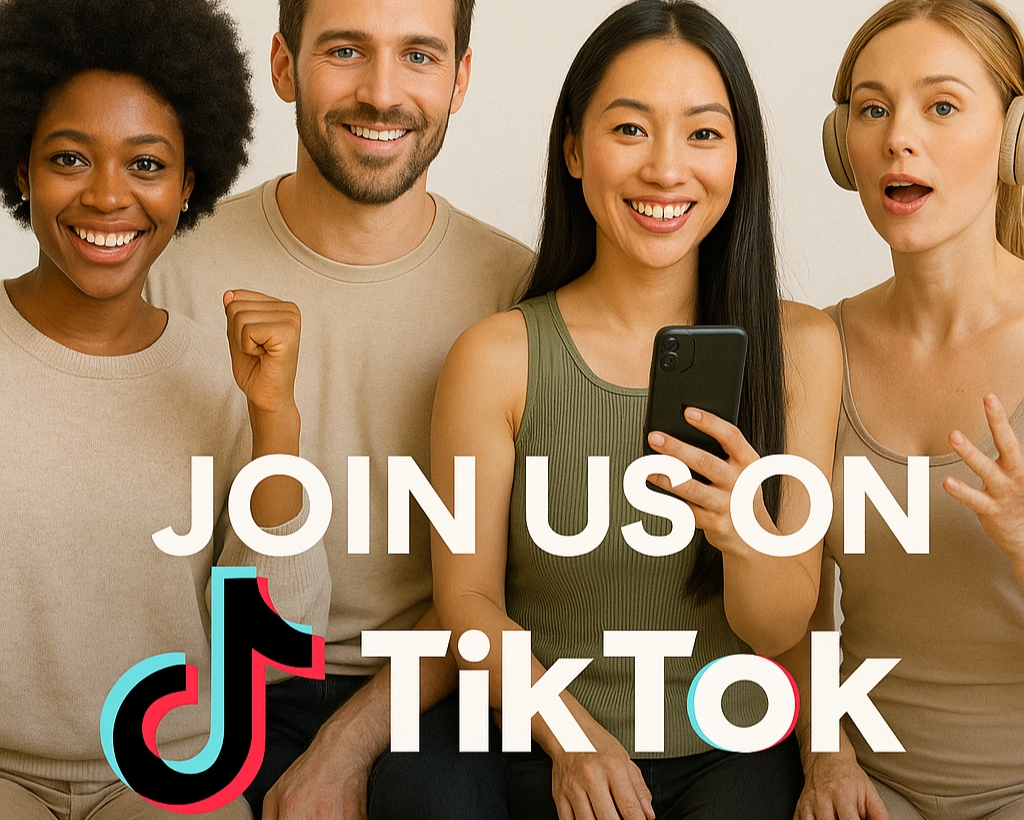 Four people sitting together with text 'Join Us on TikTok' and TikTok logo.