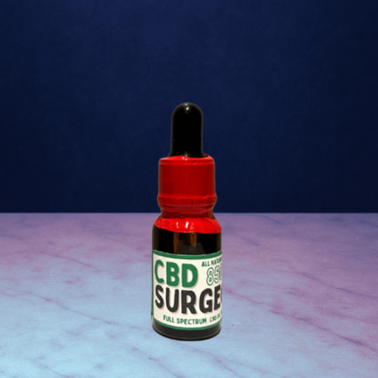 Surgeons full spectrum CBD 850mg resting on top of a purple granite background image
