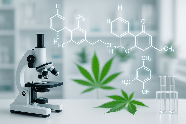 A microscope examining hemp derived CBD oil in an image with chemistry symbols