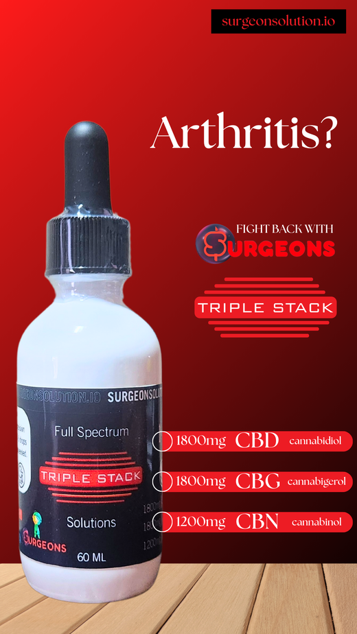 Basic red image with Surgeons "Triple Stack" cannabinoid infused oil 60 ML