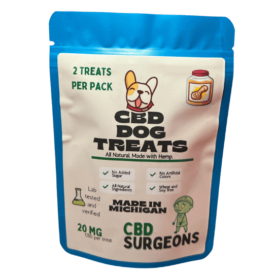 CBD Dog Treats Beef Flavor by Surgeons LLC with hemp extracts, 20mg per treat, calming effect for pets, online CBD product.