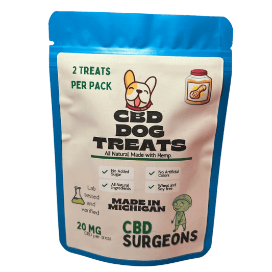 CBD Dog Treats Beef Flavor by Surgeons LLC with hemp extracts, 20mg per treat, calming effect for pets, online CBD product.