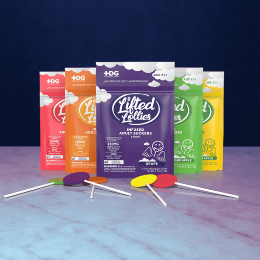 Full Spectrum CBD infused lollie pops resting on top of Purple Granite Background