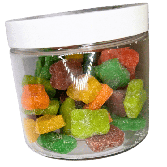 Jar of colorful full spectrum CBD infused gummy bears, 30mg per piece, hemp-derived, cannabinoid enriched, available online. Up to quantities of 50.