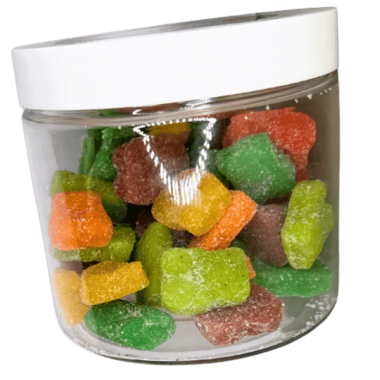 Jar of colorful full spectrum CBD infused gummy bears, 30mg per piece, hemp-derived, cannabinoid enriched, available online. Up to quantities of 50.