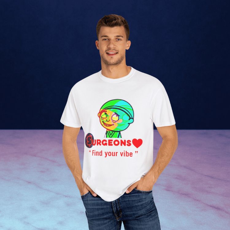 A customer wearing Surgeons "find your vibe" graphic T-Shirt