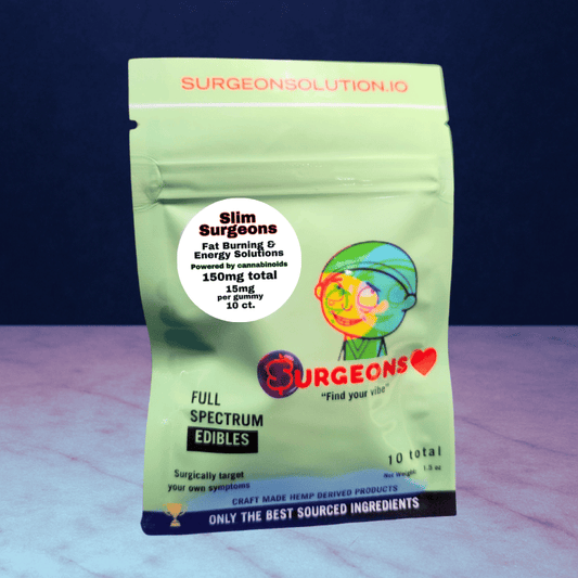 THCV Slim Surgeons packaging by Surgeons LLC for weight loss and energy solutions, showcasing full spectrum CBD gummies.