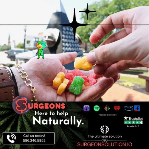 "Colorful gummies held in hand with Surgeons branding, promoting natural CBD solutions. Trustpilot rated, contact Surgeonsolution.io today."