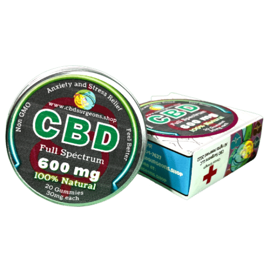 Full Spectrum CBD Infused Gummy Bears container, 600mg, non-GMO, 100% natural, 20 gummies, anxiety and stress relief.