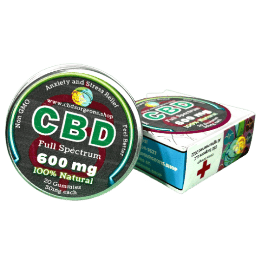 Full Spectrum CBD Infused Gummy Bears container, 600mg, non-GMO, 100% natural, 20 gummies, anxiety and stress relief.