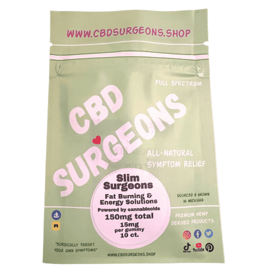 THCV Slim Surgeons packaging by Surgeons LLC for weight loss and energy solutions, showcasing full spectrum CBD gummies.