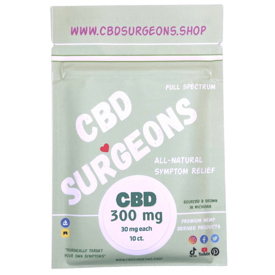 CBD Surgeons 300mg Full Spectrum Gummy Bears packaging, 30mg each, natural symptom relief, premium hemp derived products.